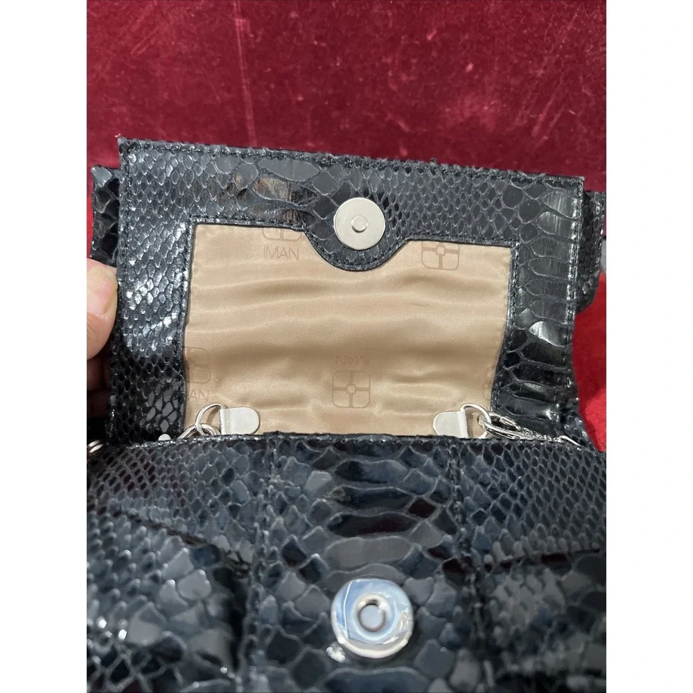 IMAN‎ Ruffle Clutch Black Purse Shoulder strap  Rhinestones Snap excellent - Picture 10 of 15